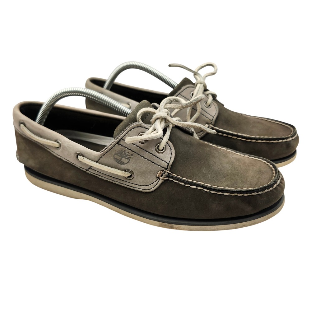 Timberland Men's Boat Shoes Size 10 Taupe Gray Leather Moc Toe‎ Lace Up